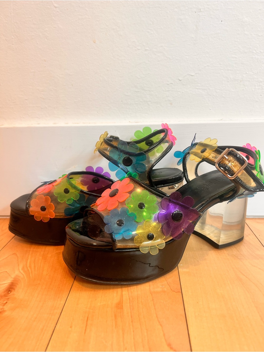 dELiA*s Black Platform Sandals with Rainbow Flower Accents